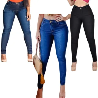Kit 3 Calças Femininas Lycra Jeans Cintura Alta - Modelagem Levanta Bumbum - Azul Aço, Azul Clara e Azul