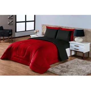 Edredom Queen Dupla Face Kit Vitória - 06 peças - Vinho/cinza