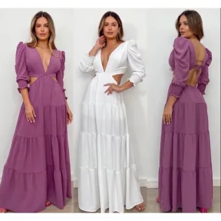 Lançamento Vestido Longo Feminino Manga Longa Decote Profundo Casamento - Roxo