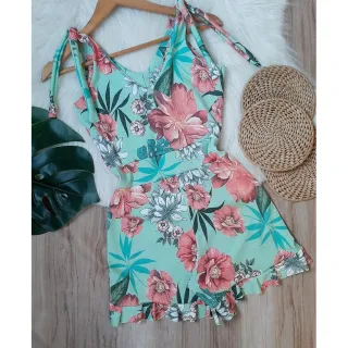 Conjunto feminino Deluxe: macaquinho 34 ao 50, conforto e elegância - Azul-piscina Botão de coco