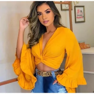 Roupa Feminina Cropped Blusa Manga Flare Babado - Fúcsia