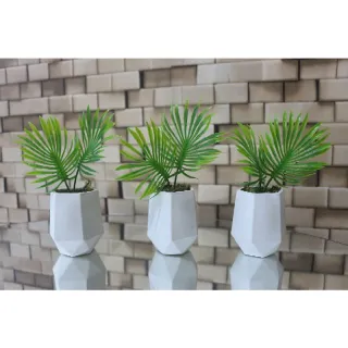 Vasos de gesso hexagonal com plantas artificiais - Kit 3 - Folha mini coqueiro(palmeira)