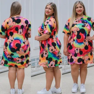 Camisão Plus Size Estampado em Malha Feminino - Vestido de Malha - TURMA DO MICKEY ROSE