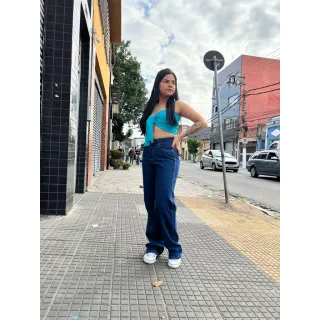 Ótima Qualidade - Calça Pantalona Wide Leg Jeans Lisa - Wide Medio Lisa 132