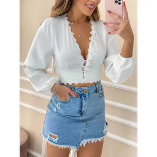 Feminina Blusa Cropped Manga Longa - mostarda