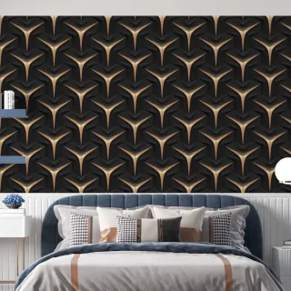 Papel de Parede Geométrico Preto e Dourado 3D - Efeito Praia, Sala e Quarto - Único