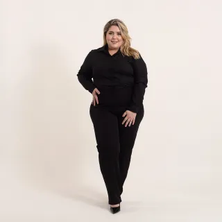 Camisa social feminina manga 3/4 em gabardine preta e branca - Passa fácil - Cor Branco Tamanho G