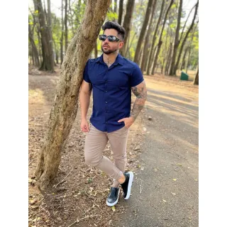 Manga Curta Camisa Social Lisa Masculina - Preto