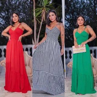 Viscolinho decote V Alcinha Elastex Vestido Longo Tamanho único até 44 - Verde