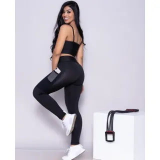 Roupa Fitness Legging Academia, Cós Alto com Bolso e Detalhe em Telinha - Marsala