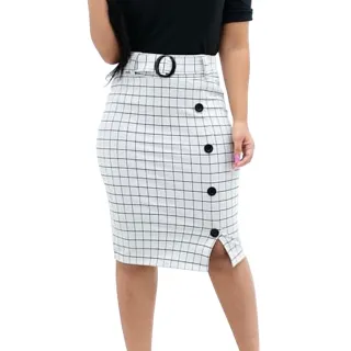 Elegante Saia Evangélica Social com Cinto e Botões - Vinho Xadrez