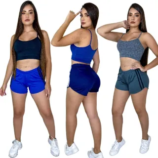 Top Alcinha Suplex e Short Fitness Feminino - Promoção Garra Sport - Preto - Preto  listra vermelha