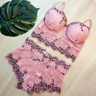 Lingerie Luxo Cropped Renda Bicolor Com Bojo - Conjunto Calesson 465 - Preto/Rosa