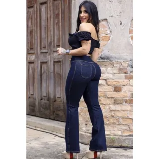 Jeans Imita Calça Flare Cós Alto - azul jeans