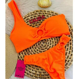 Moda Praia Feminina Biquíni Canelado Asa Delta Um Ombro Só Com Bojo - Vermelho