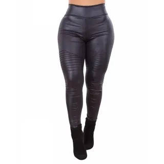 Cropped Feminino Moda Blogueira Calça Legging Tratorada Couro - Calça com cinto Preta