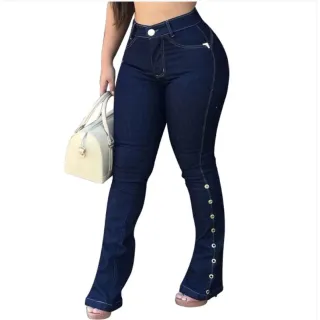Modeladora Ilhós Calça Jeans Feminina Flare Cós Alto Com Laycra - 46