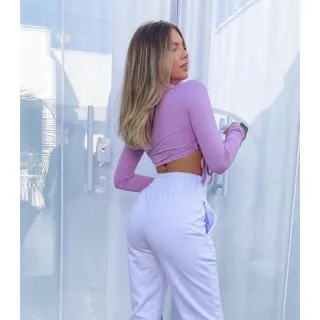 Canelado Manga Longa Amarração Top Cropped na Cintura - Verde Bandeira