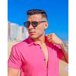Camisa Slim Manga Botão Masculina - Rosa Chiclete