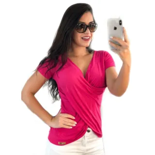 Moda Feminina Blusa Cruzada Decotada Manga Curta Transpassada - Fúcsia