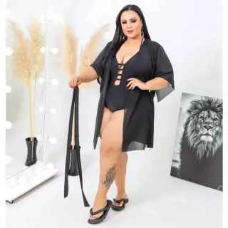 Novidade de Verão: Canga Plus Size Kimono Curta para Praia - Preto