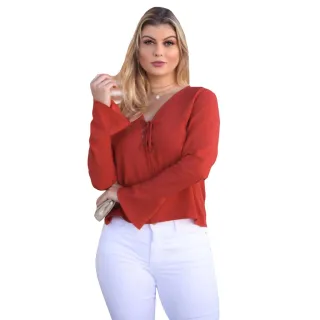Cordão Manga Longa Blusa Feminina Decote Flare Ilhos - Azul Marinho