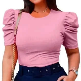 Linda Blusa Canelada Manga Curta Princesa Feminina Tamanho Único - Azul