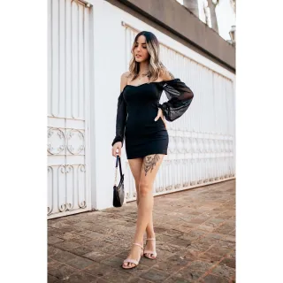 Tule Preto Vestido Tubinho Manga Longa Suplex Curto Blogueirinha - Cor única