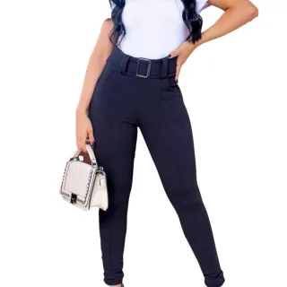 Roupas Femininas Calça Preta Social Malha Crepe com Bolso e Cinto - Preta