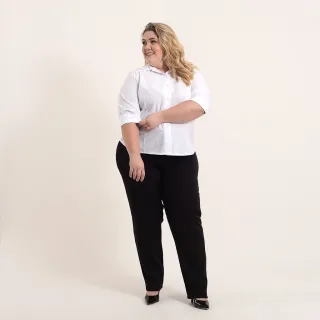 Camisa social feminina manga 3/4 em gabardine preta e branca - Passa fácil - Cor Branco Tamanho G