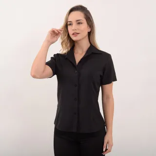 Camisa social feminina manga curta preta e branca, gabardine passa fácil - COR PRETA  TAMANHO P