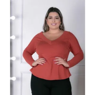 Moda Inverno: Blusa Feminina Manga Longa Gola V em Viscolycra - Preto