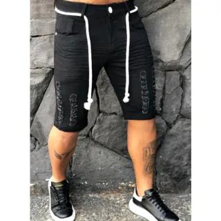 Bermuda Rasgada Destroyed Slin com Cordão - Jeans Justinha - Preta