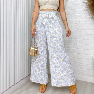 Moda Feminina: Calça Plissada Floral Pantalona com Cinto Amarrada - Preto