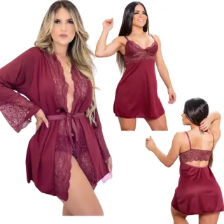 Camisola de renda luxo e robe: kit com calcinhas grátis - Branco