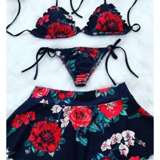 Biquini Feminino com Saia Sainha - Estampa Variada - Branco