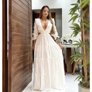 Lançamento Vestido Longo Feminino Manga Longa Decote Profundo Casamento - Roxo