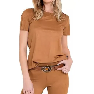 T-shirt Suede Manga Curta Feminina aveludada - mostarda