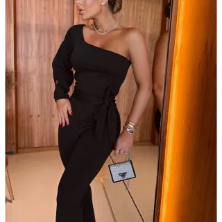 Macacão Social Feminino Manga Longa Vazada Flare Unica - Raryel - Preto