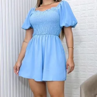 Moda Feminina Verão: Macaquinho Liso Manga Bufante Lastex - 3RD SD023 - Azul