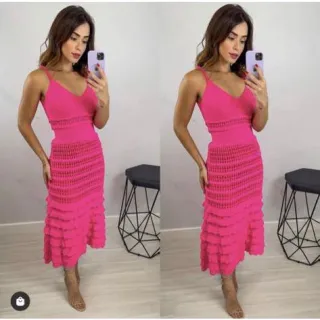 Moda Boutique Luxo Vestido Midi Tricot Modal Rodado Estilo Princesa - Rosa Bebe