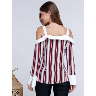 Blusa Listrada Manga Longa com Botões Frontais VV 12757 - Bordô/Branco