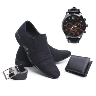 Relógio + Cinto + Carteira + Kit Sapato Social Masculino em Camurça - Azul Marinho