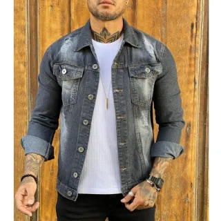 Manchada Cinza Jaqueta Jeans Masculina - GG