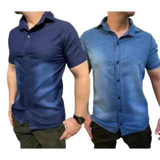 Botões Camisa Manga Curta Social Jeans Masculina - JEANS AZUL CLARO