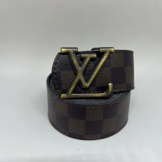 Couro Xadrez Dupla Face Cinto Masculino - Ouro Escovado - Marrom