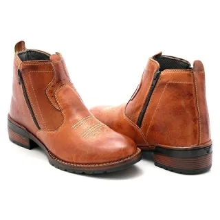 Bota Texana Masculina Couro Legítimo Zíper Cano Curto Sola Costurada - CAFE