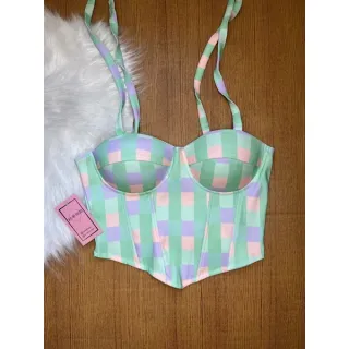 Corset com bojo floral onça amarrar no ombro, colorido e candy colors - 5-bolinha candy