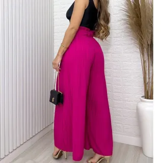 Moda Feminina: Calça Pantalona Lisa Plissada com Cinto Amarrada - Verde