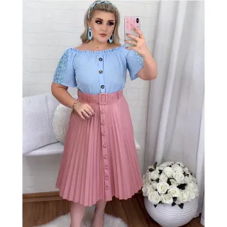 Evangélica Midi Saia Plissada Cirre com Cinto Botão Social - Rose